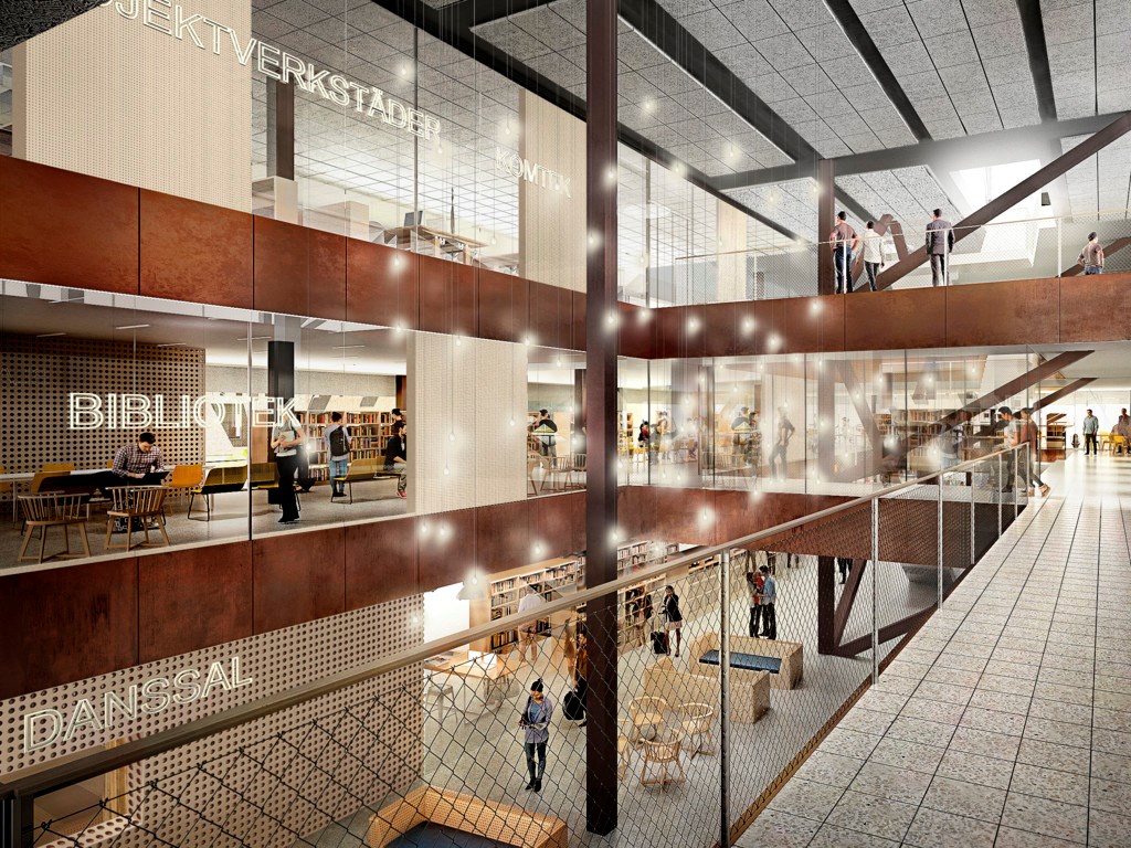 Konceptidén bygger på samverkan och stora delar shared spaces.